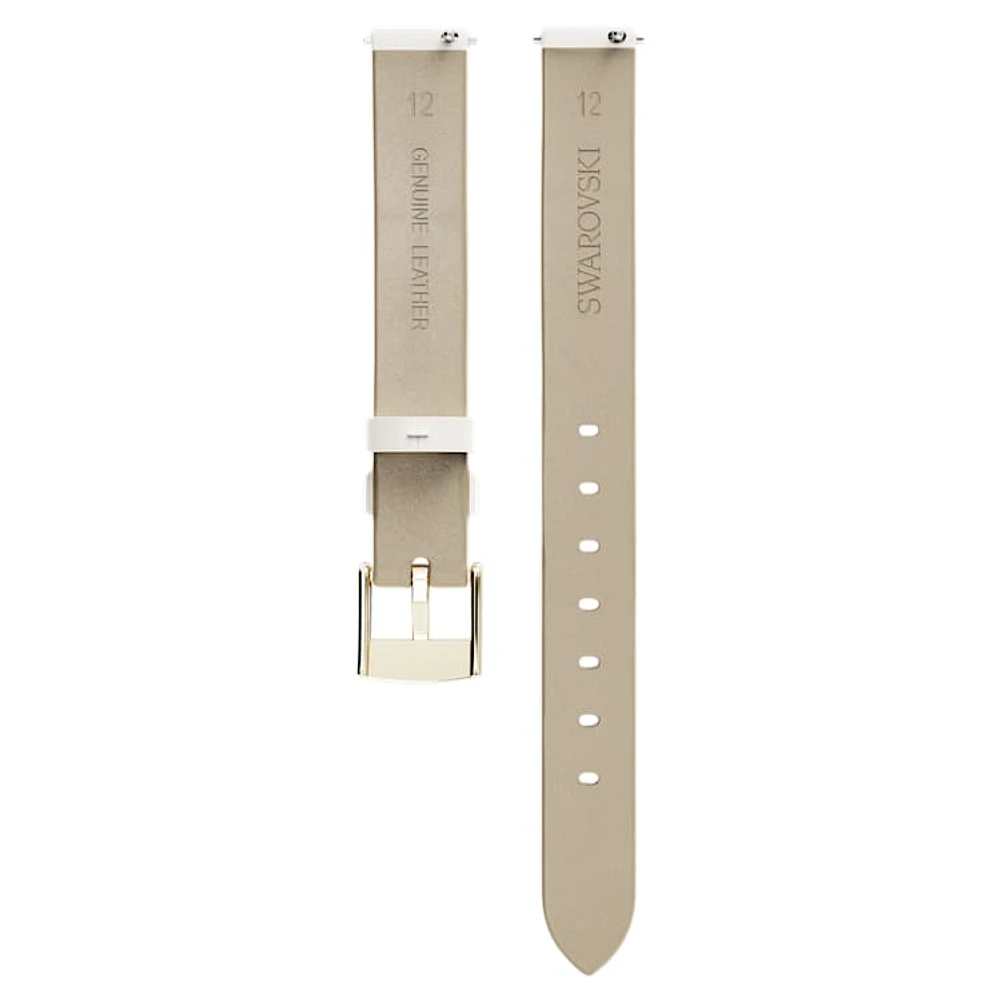 Watch strap, 12 mm (0.47") width, Leather, White, Champagne gold-tone finish by SWAROVSKI