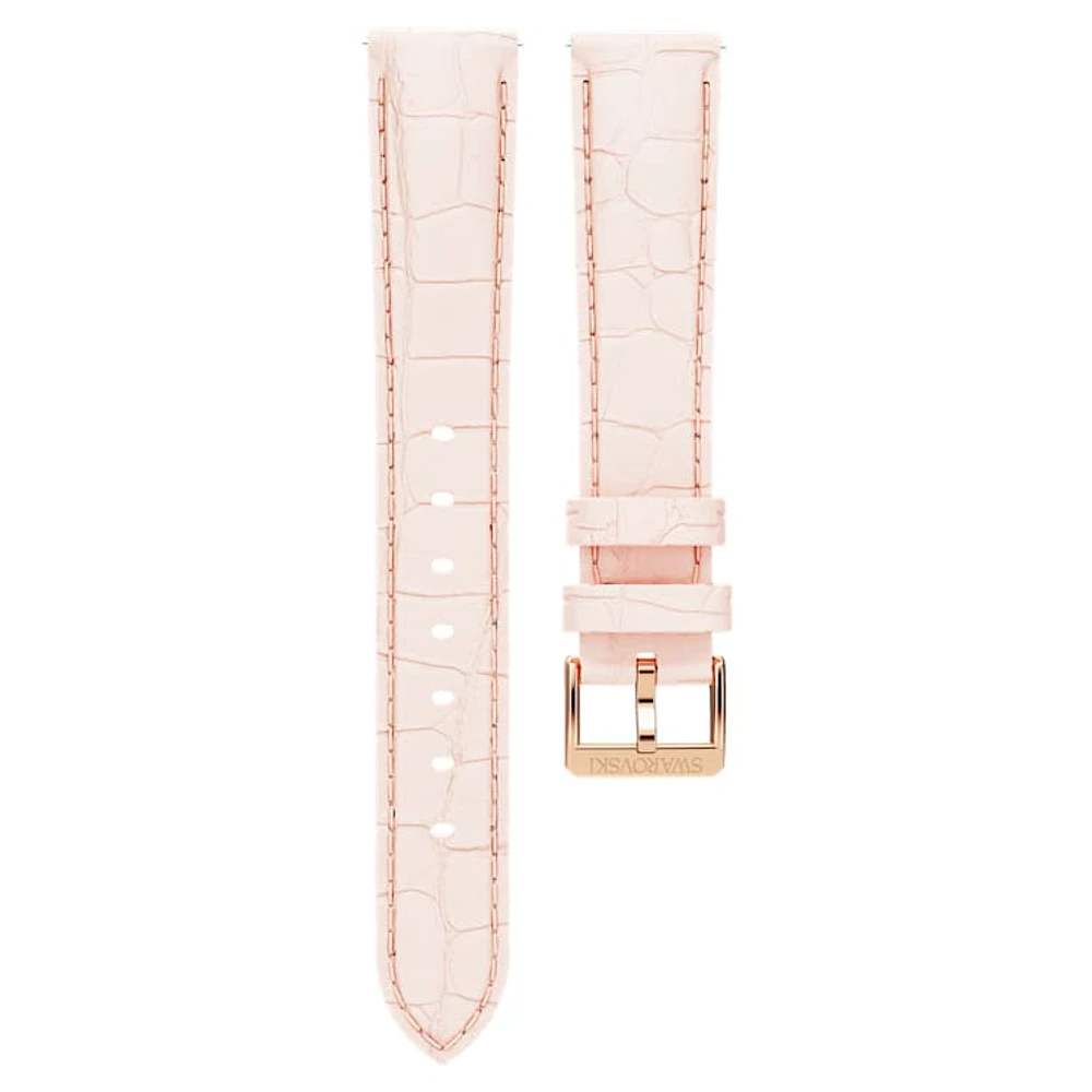 Watch strap, 16 mm (0.63") width, Leather with stitching, Pink, Rose gold-tone finish by SWAROVSKI