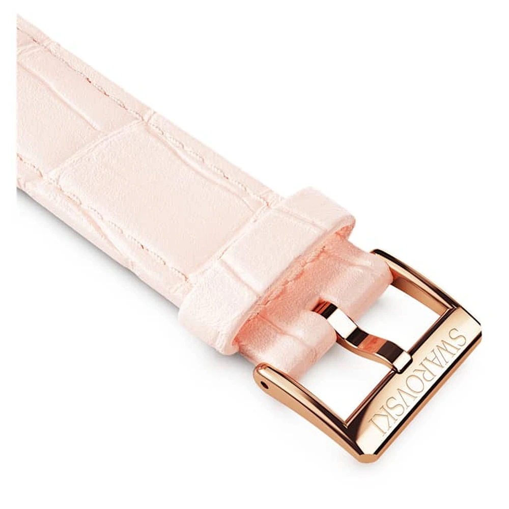 Watch strap, 16 mm (0.63") width, Leather with stitching, Pink, Rose gold-tone finish by SWAROVSKI