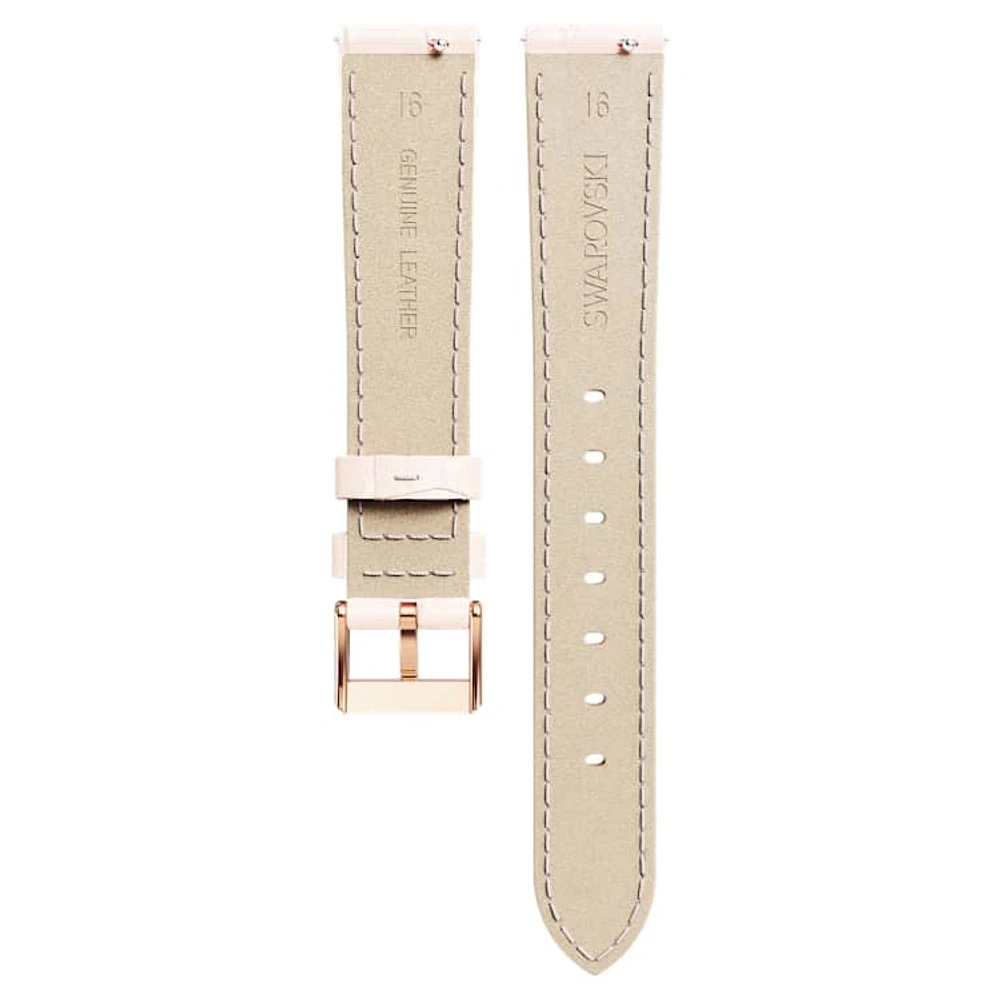 Watch strap, 16 mm (0.63") width, Leather with stitching, Pink, Rose gold-tone finish by SWAROVSKI