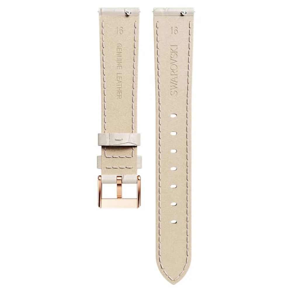 Watch strap, 16 mm (0.63") width, Leather with stitching, Gray, Rose gold-tone finish by SWAROVSKI