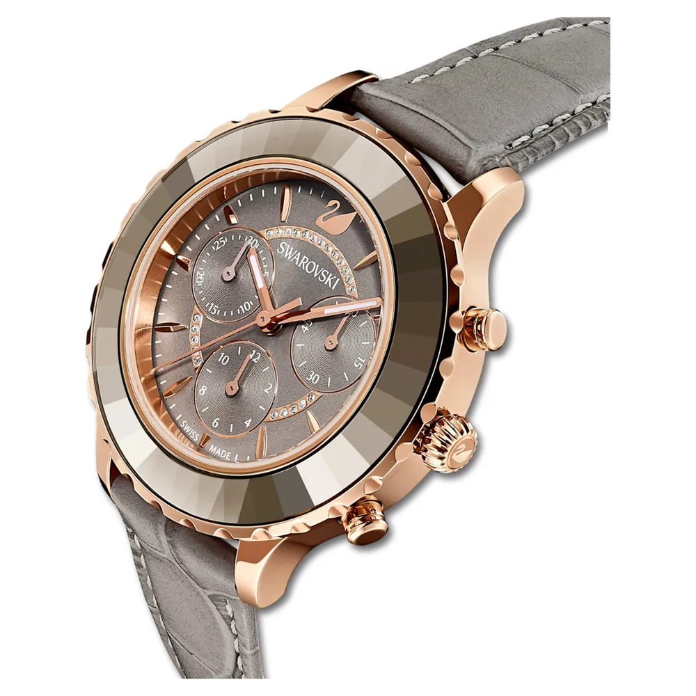 Octea Lux Chrono watch, Swiss Made, Leather strap, Gray, Rose gold-tone finish by SWAROVSKI