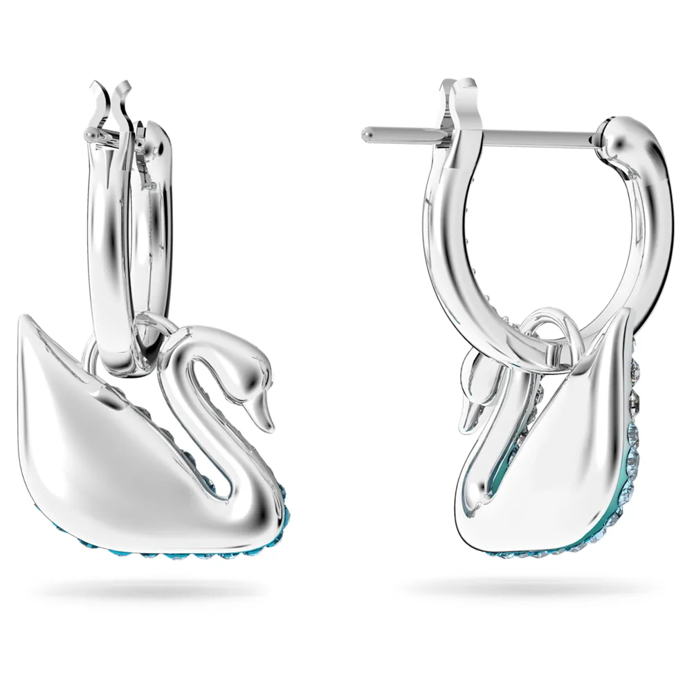 Swarovski Iconic Swan drop earrings, Swan, Blue, Rhodium plated by SWAROVSKI