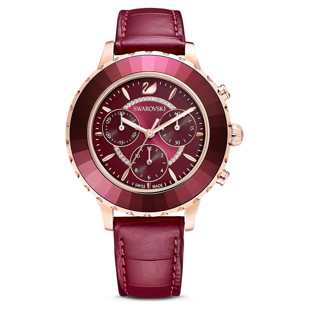 Octea Lux Chrono watch, Swiss Made, Leather strap, Red, Rose gold-tone finish by SWAROVSKI
