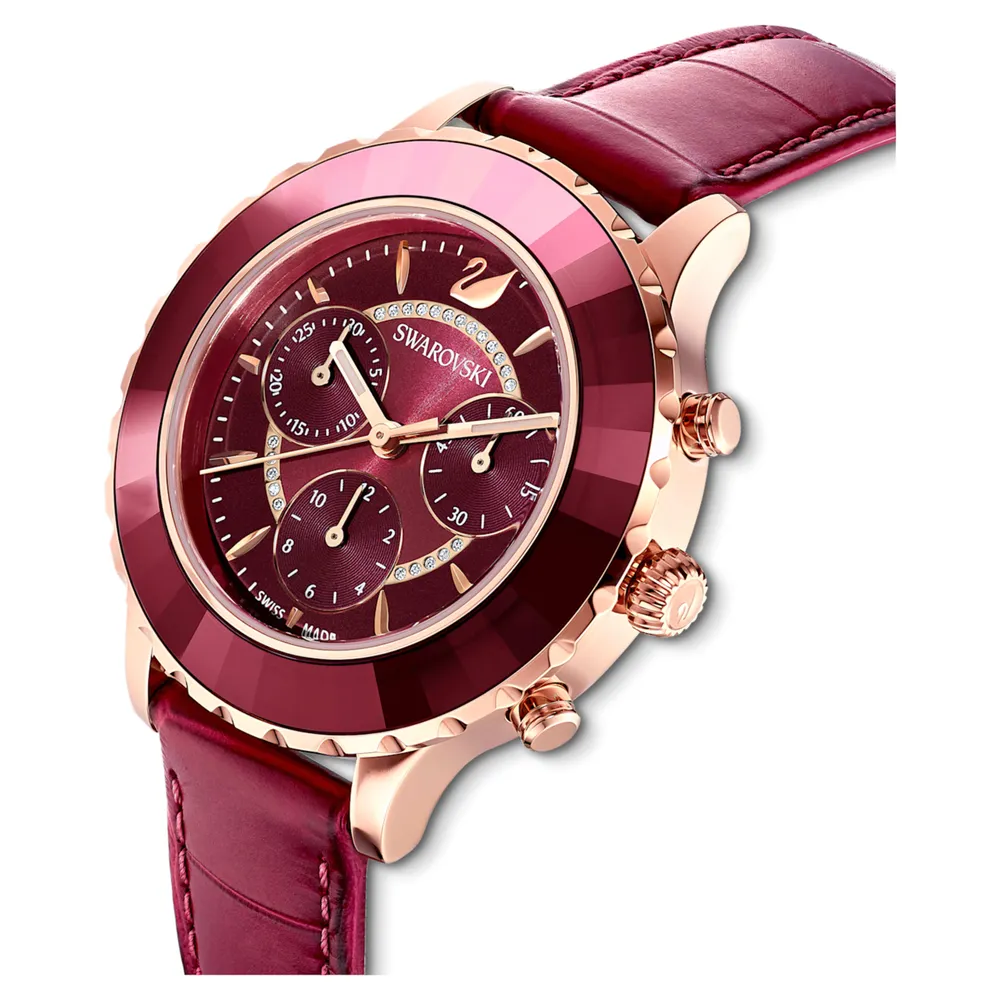 Octea Lux Chrono watch, Swiss Made, Leather strap, Red, Rose gold-tone finish by SWAROVSKI