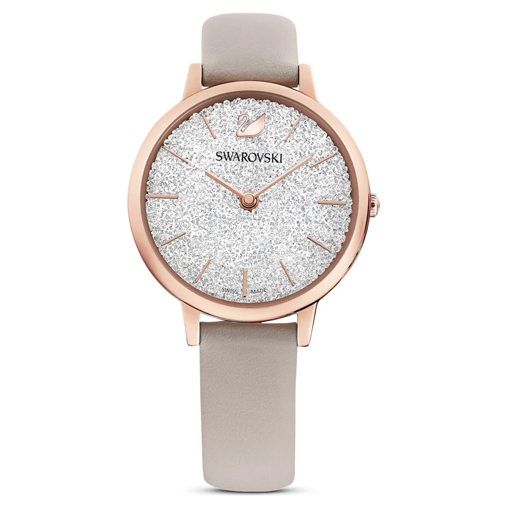 Crystalline Joy watch, Swiss Made, Leather strap, Gray, Rose gold-tone  finish