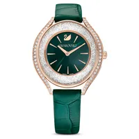 Crystalline Aura watch, Swiss Made, Leather strap, Green, Rose gold-tone finish by SWAROVSKI