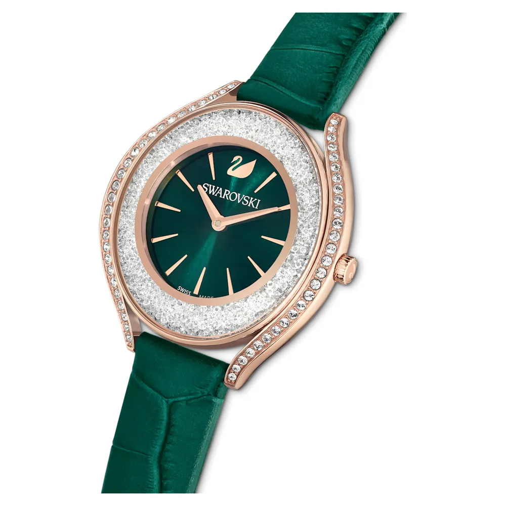 Crystalline Aura watch, Swiss Made, Leather strap, Green, Rose gold-tone finish by SWAROVSKI