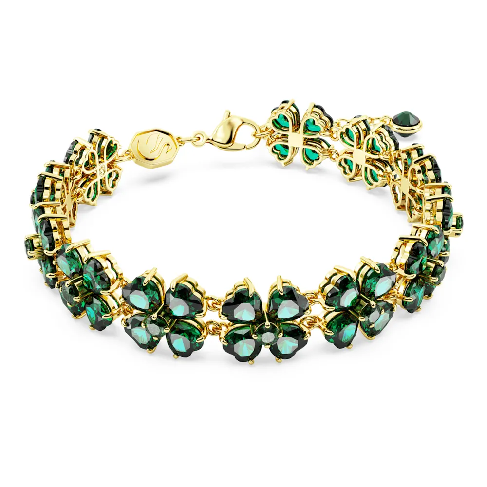 Idyllia drop earrings, Clover, Green, Gold-tone plated