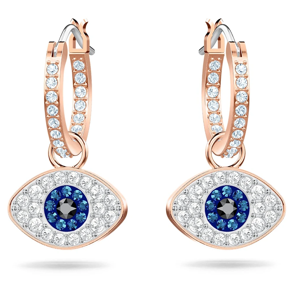 Symbolica hoop earrings, Evil eye, Blue, Rose gold-tone plated by SWAROVSKI
