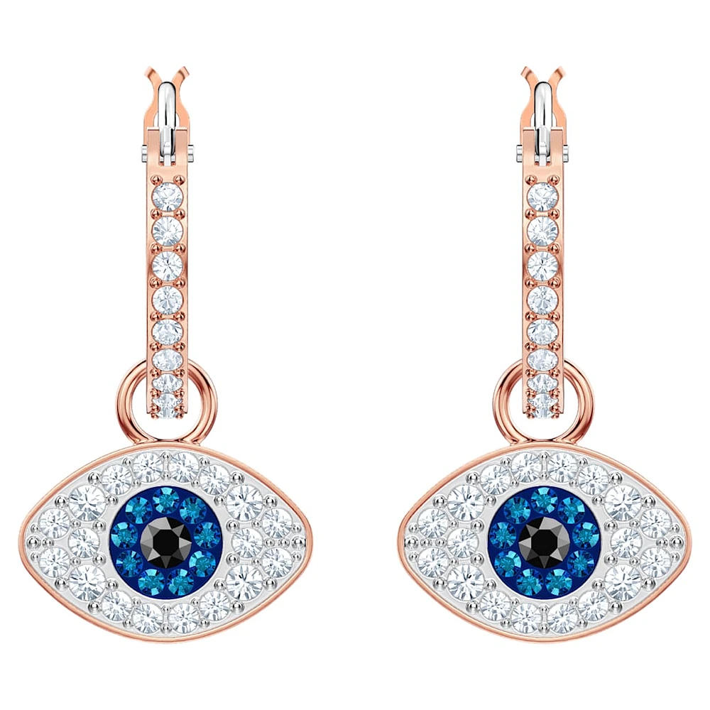 Symbolica hoop earrings, Evil eye, Blue, Rose gold-tone plated by SWAROVSKI