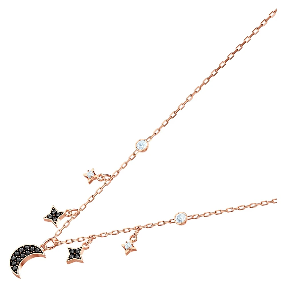 Symbolica necklace, Moon and star, Black, Rose gold-tone plated by SWAROVSKI