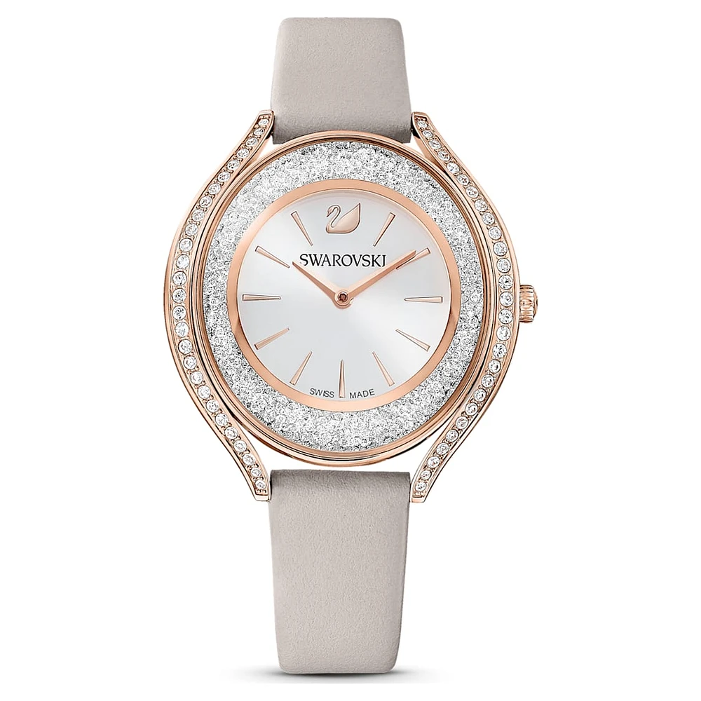 Crystalline Aura watch, Swiss Made, Leather strap, Grey, Rose gold-tone finish by SWAROVSKI