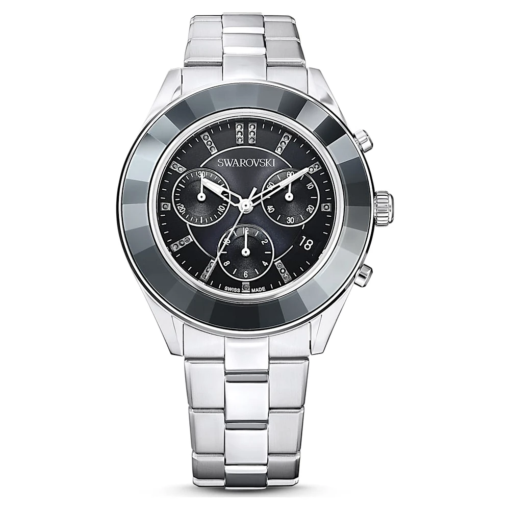 Octea lux sport watch, Swiss Made, Metal bracelet, Black, Stainless steel by SWAROVSKI
