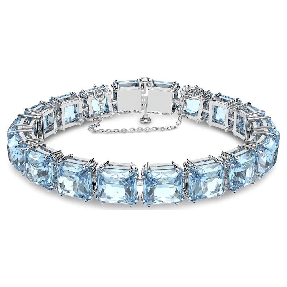 Millenia Tennis bracelet, Square cut, Medium, Blue, Rhodium plated by SWAROVSKI