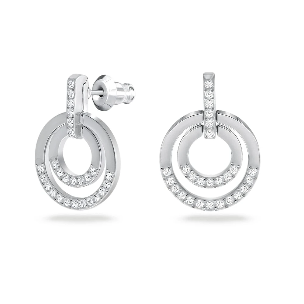 Circle hoop earrings, Round shape, White, Rhodium plated by SWAROVSKI