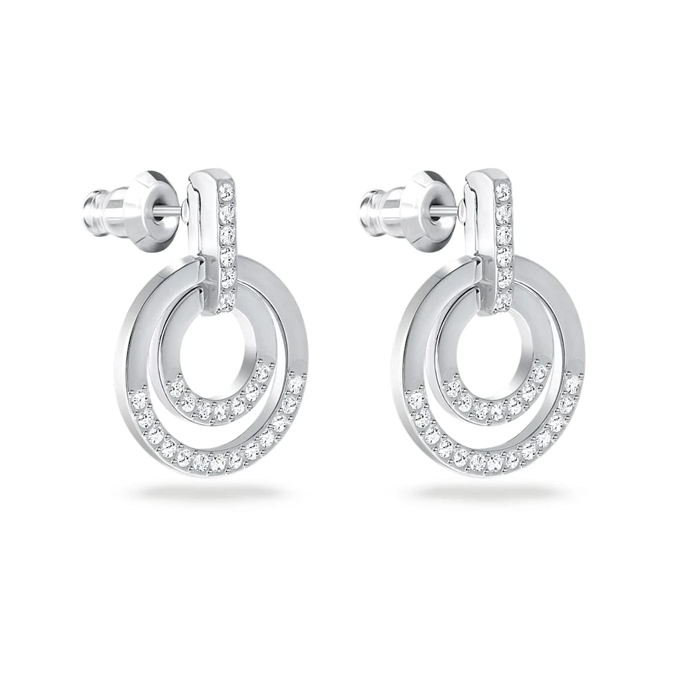 Circle hoop earrings, Round shape, White, Rhodium plated by SWAROVSKI