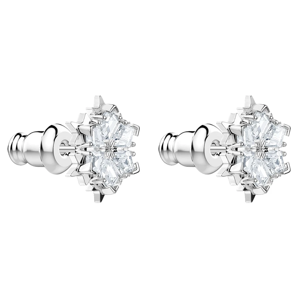 Magic stud earrings, Snowflake, White, Rhodium plated by SWAROVSKI