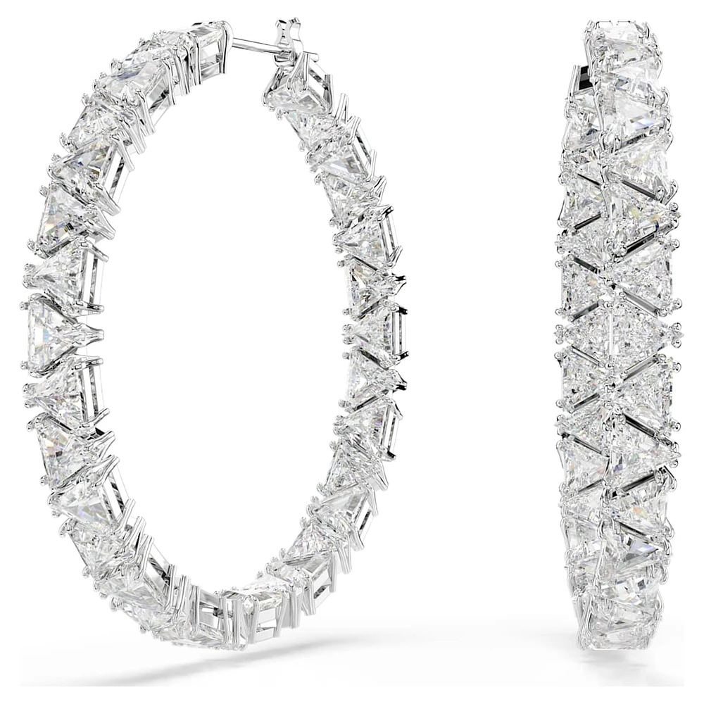 Ortyx hoop earrings, Triangle cut, White, Rhodium plated by SWAROVSKI