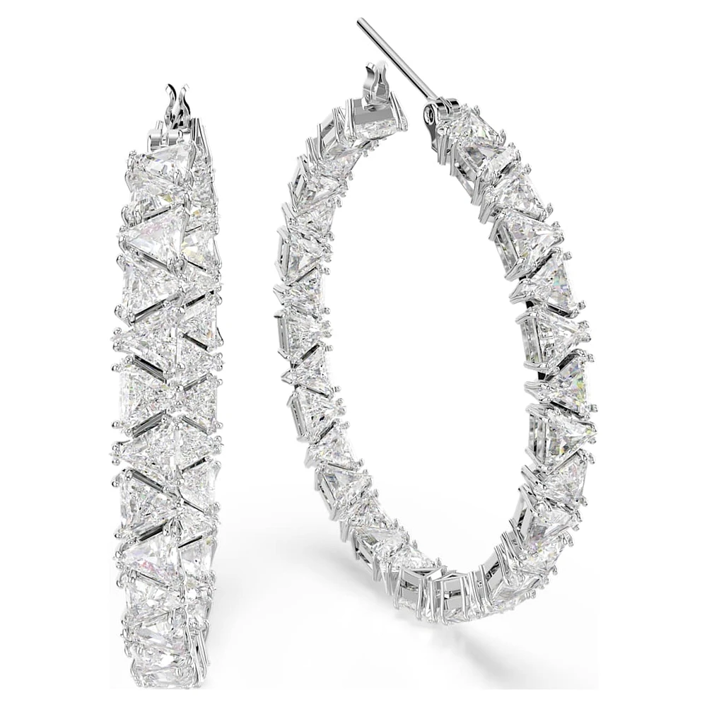 Ortyx hoop earrings, Triangle cut, White, Rhodium plated by SWAROVSKI
