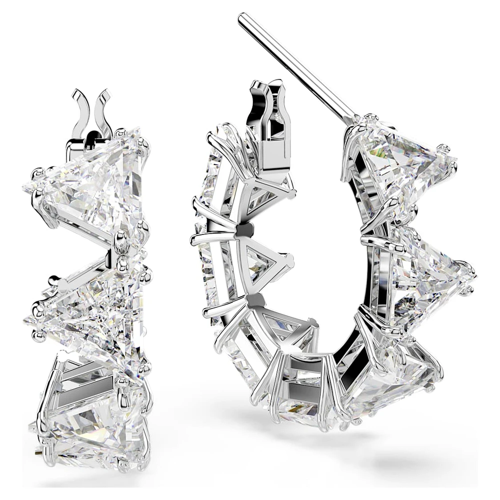 Ortyx hoop earrings, Triangle cut, Small, White, Rhodium plated by SWAROVSKI