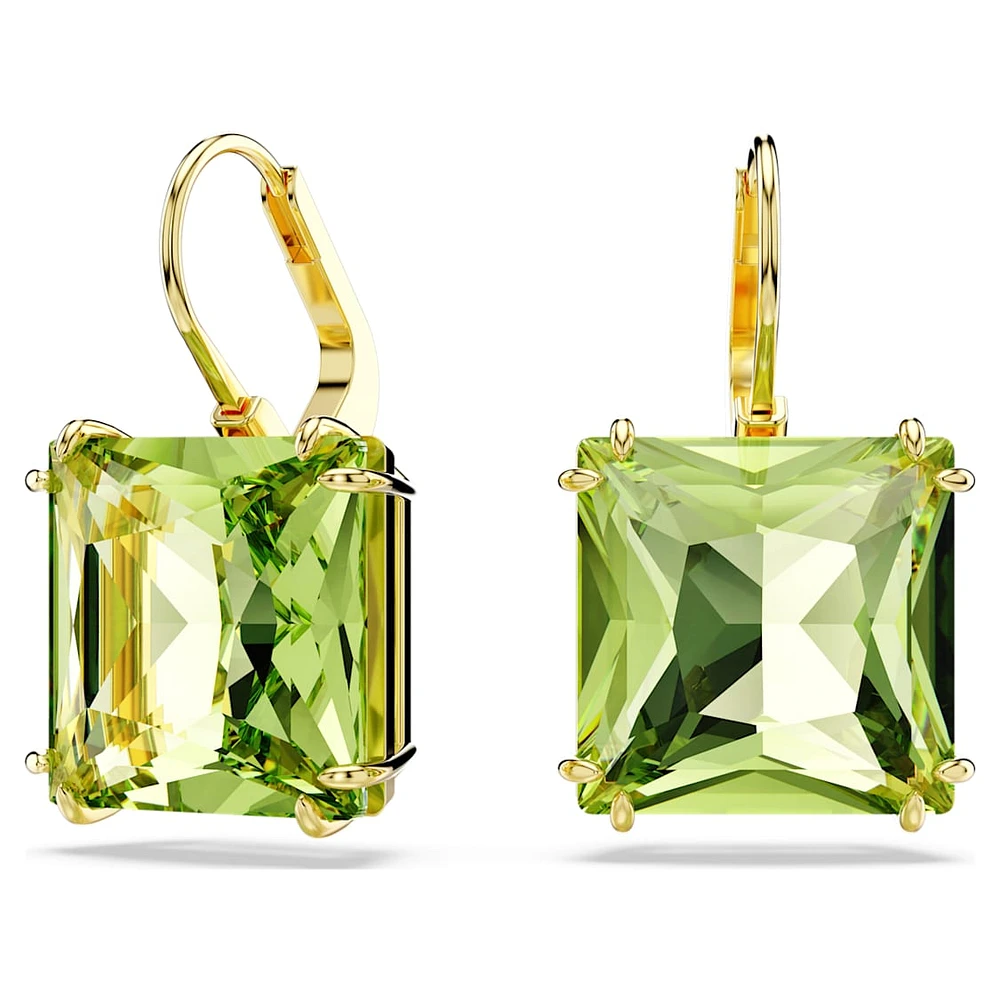 Millenia drop earrings, Square cut, Green, Gold-tone plated by SWAROVSKI