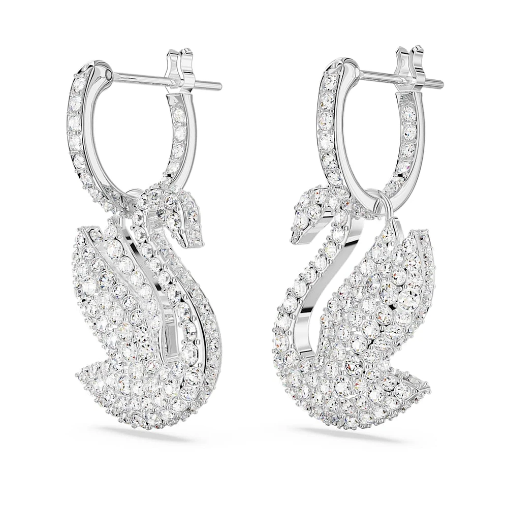 Swarovski Iconic Swan drop earrings, Swan, White, Rhodium plated by SWAROVSKI
