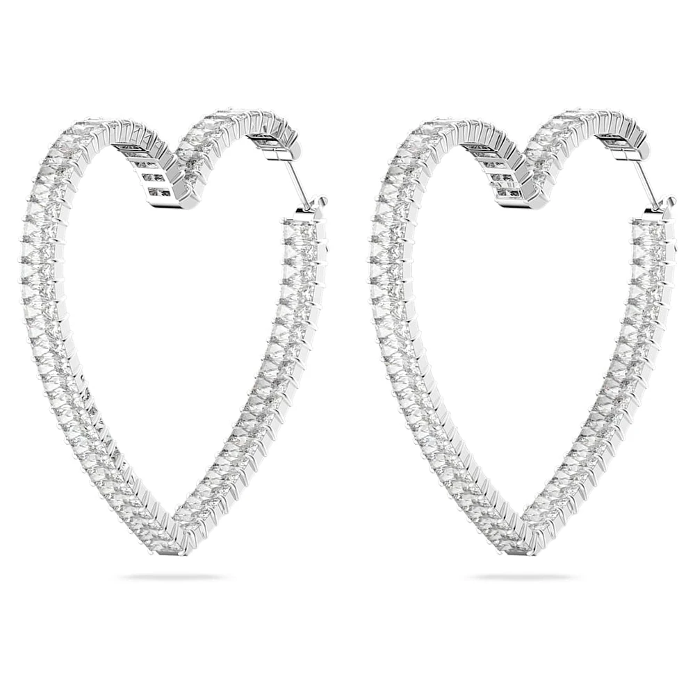 Matrix hoop earrings, Heart, Large, White, Rhodium plated by SWAROVSKI