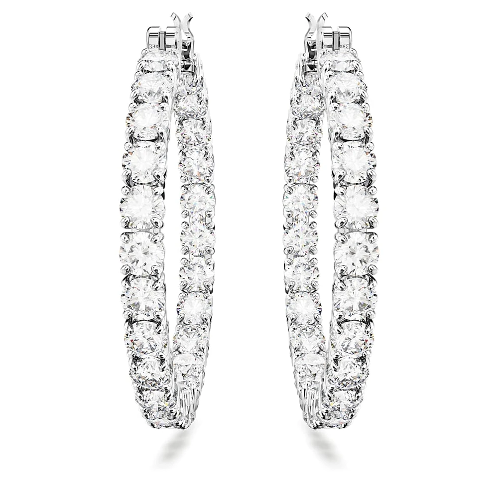 Matrix hoop earrings, Round cut, White, Rhodium plated by SWAROVSKI