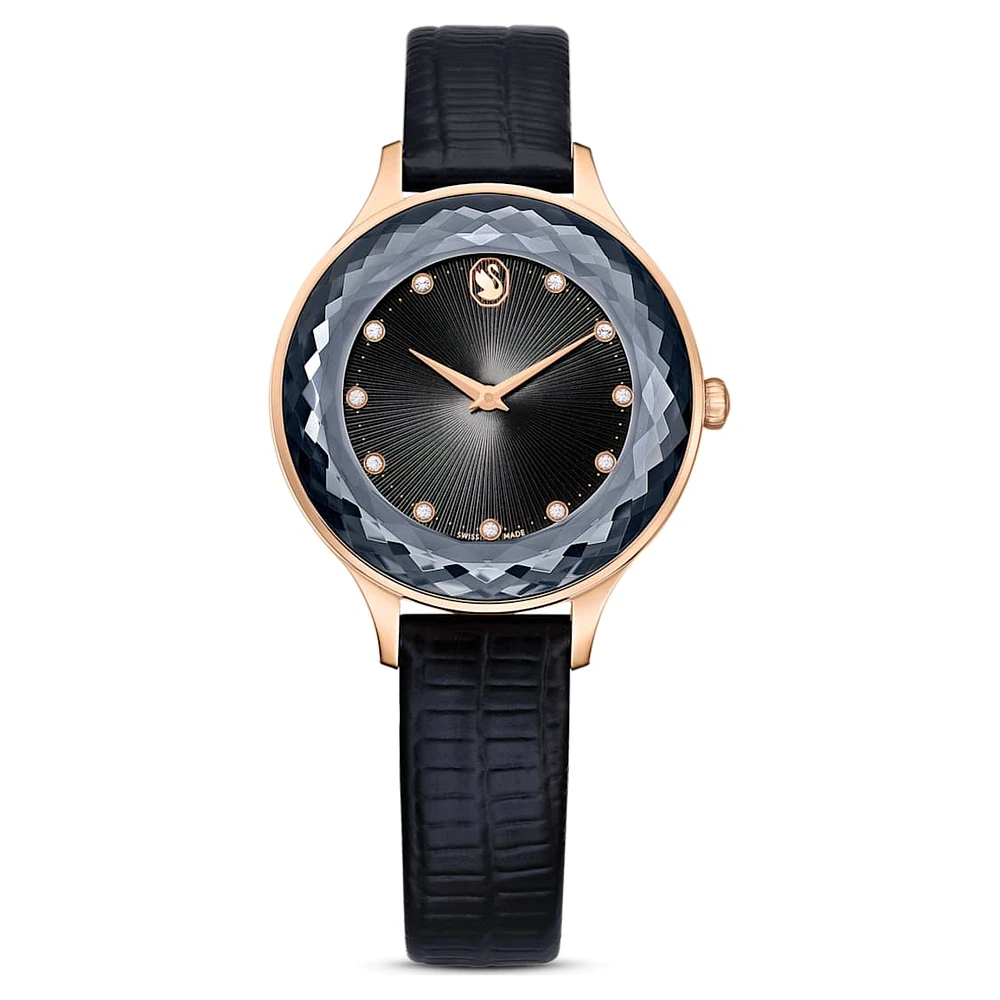 Nova watch, Swiss Made, Leather strap, Black, Rose gold-tone finish by SWAROVSKI