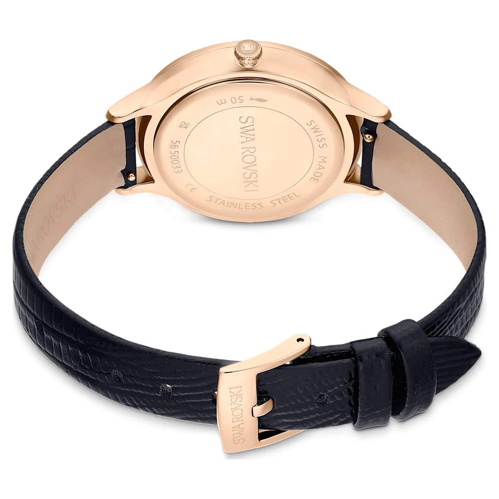 Nova watch, Swiss Made, Leather strap, Black, Rose gold-tone finish by SWAROVSKI