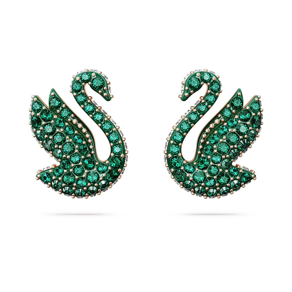 Swan stud earrings, Swan, Green, Rose gold-tone plated by SWAROVSKI