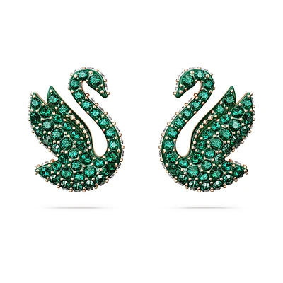 Swan stud earrings, Swan, Green, Rose gold-tone plated by SWAROVSKI