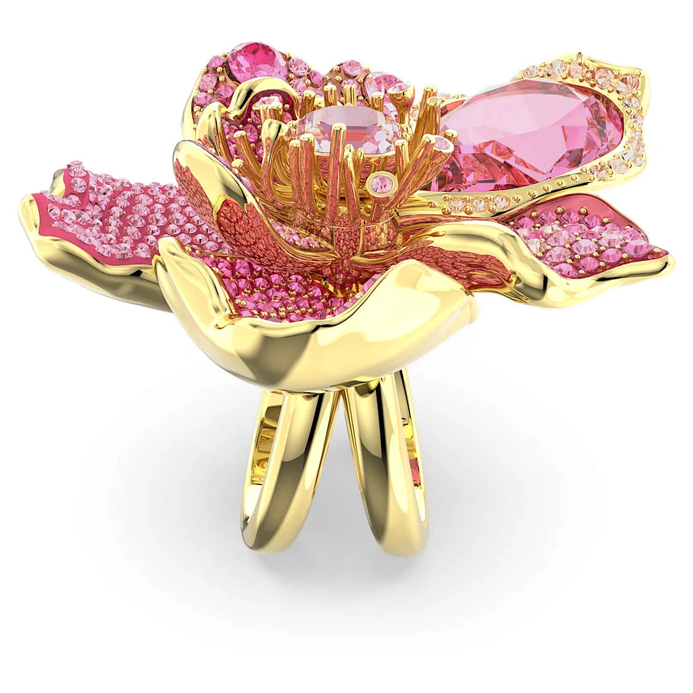 Idyllia cocktail ring, Pavé, Flower, Pink, Gold-tone plated by SWAROVSKI