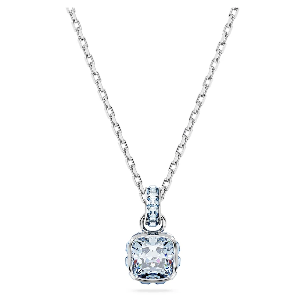 Birthstone pendant, Square cut, March, Blue, Rhodium plated by SWAROVSKI