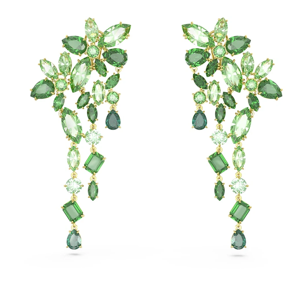 Gema drop earrings, Mixed cuts, Green, Gold-tone plated by SWAROVSKI