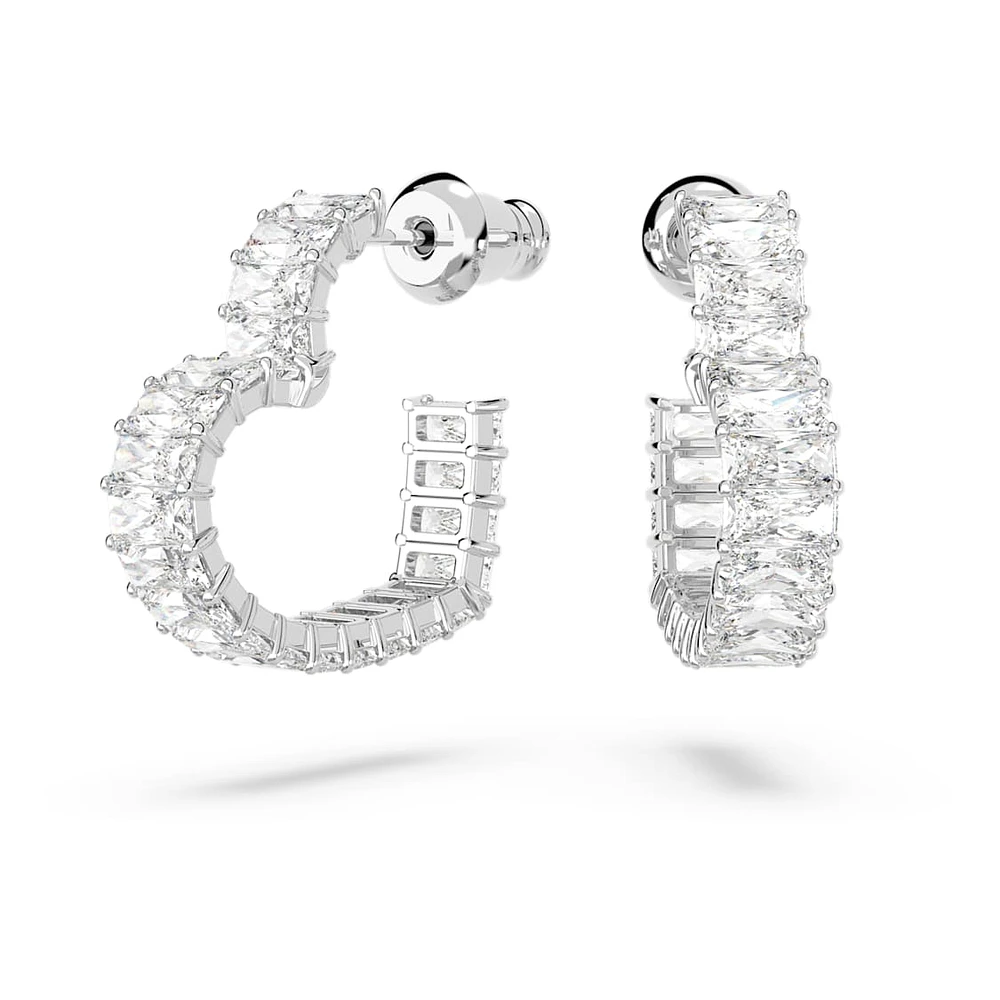 Matrix hoop earrings, Baguette cut, Heart, Small, White, Rhodium plated by SWAROVSKI
