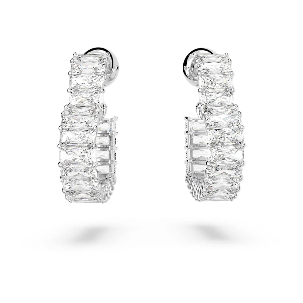 Matrix hoop earrings, Baguette cut, Heart, Small, White, Rhodium plated by SWAROVSKI