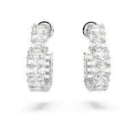 Matrix hoop earrings, Baguette cut, Heart, Small, White, Rhodium plated by SWAROVSKI