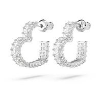 Matrix hoop earrings, Baguette cut, Heart, Small, White, Rhodium plated by SWAROVSKI