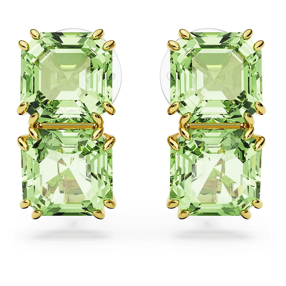 Millenia clip earrings, Square cut, Green, Gold-tone plated by SWAROVSKI