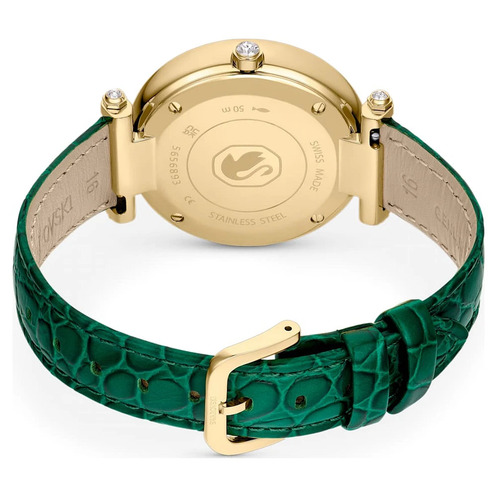 Crystalline Wonder watch, Swiss Made, Leather strap, Green, Gold-tone finish by SWAROVSKI