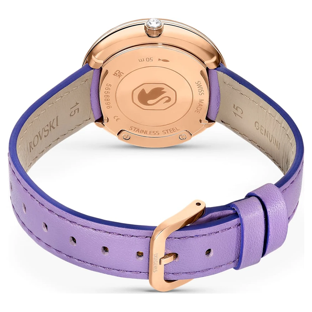 Crystalline Lustre watch, Swiss Made, Leather strap, Purple, Rose gold-tone finish by SWAROVSKI