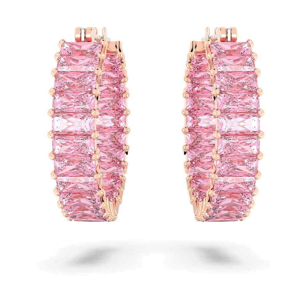 Matrix hoop earrings, Baguette cut, Pink, Rose gold-tone plated by SWAROVSKI