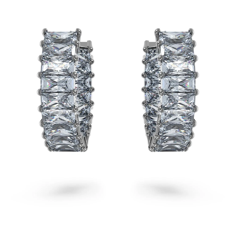 Matrix hoop earrings, Baguette cut, Grey, Ruthenium plated by SWAROVSKI