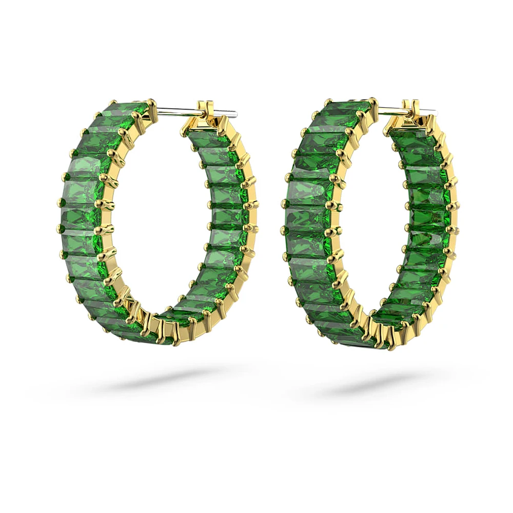 Matrix hoop earrings, Baguette cut, Green, Gold-tone plated by SWAROVSKI