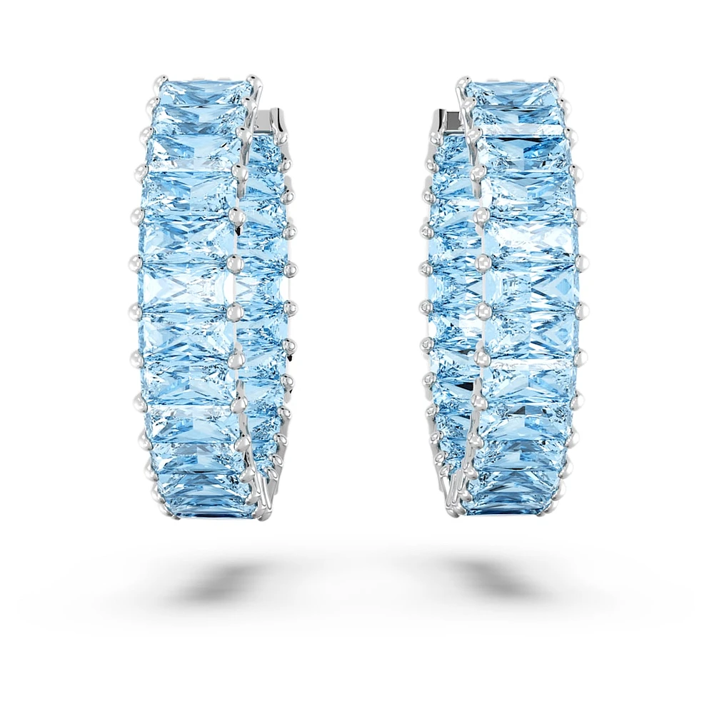 Matrix hoop earrings, Baguette cut, Blue, Rhodium plated by SWAROVSKI