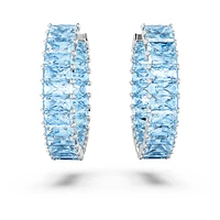 Matrix hoop earrings, Baguette cut, Blue, Rhodium plated by SWAROVSKI