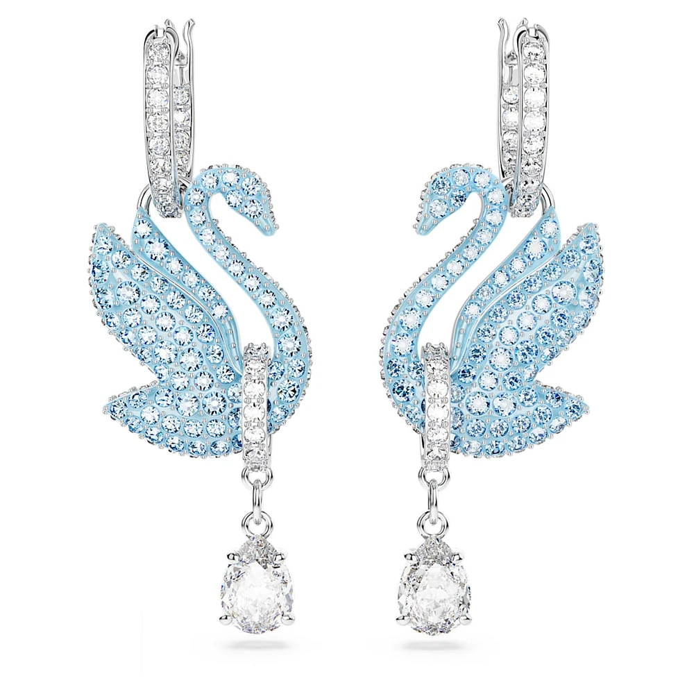 Swan drop earrings, Swan, Blue, Rhodium plated by SWAROVSKI