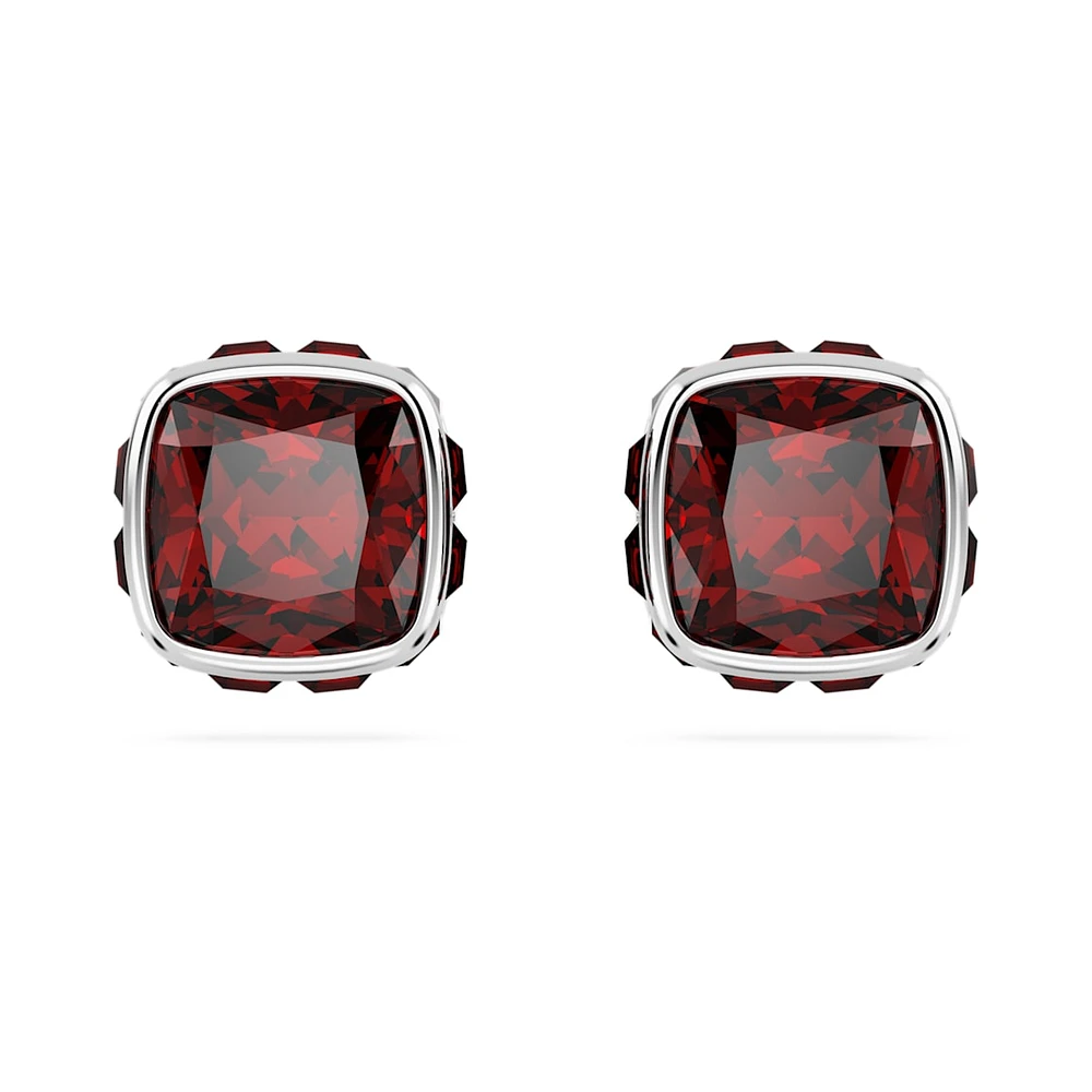 Birthstone stud earrings, Square cut, January, Red, Rhodium plated by SWAROVSKI